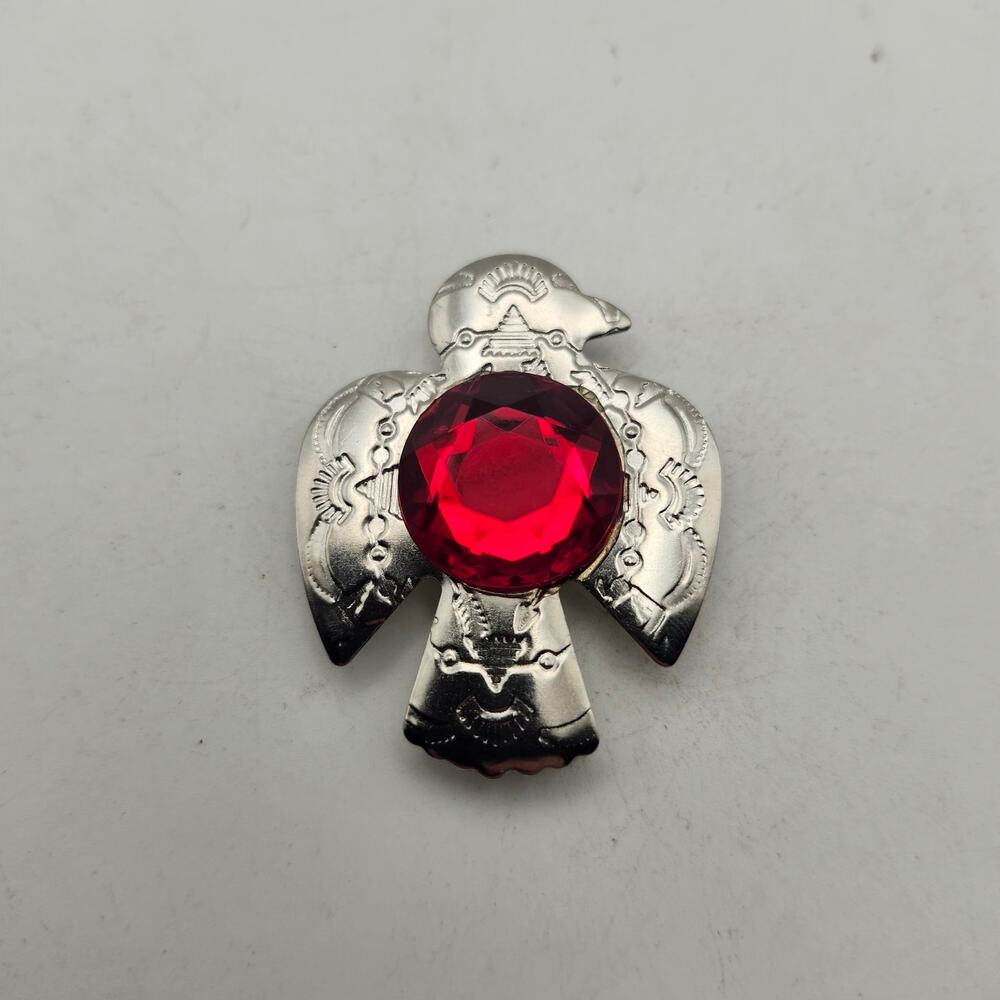 Southwestern Thunderbird Button Cover Red Faceted Rhinestone Silver Tone